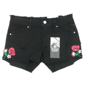 Black Daisy Women's Black Floral Embroidery Frayed Hem Jean Shorts Size 3/26